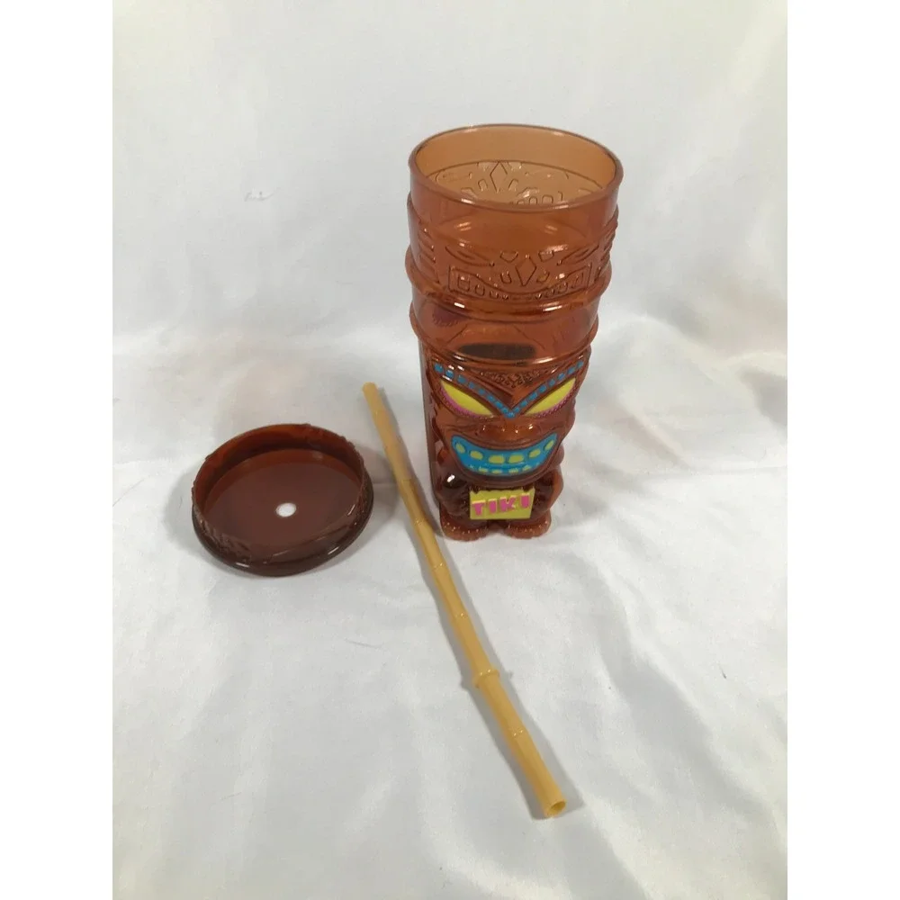Berk Tiki Souvenir Tumbler Amber Plastic Cup with Bamboo Style Straw 22oz